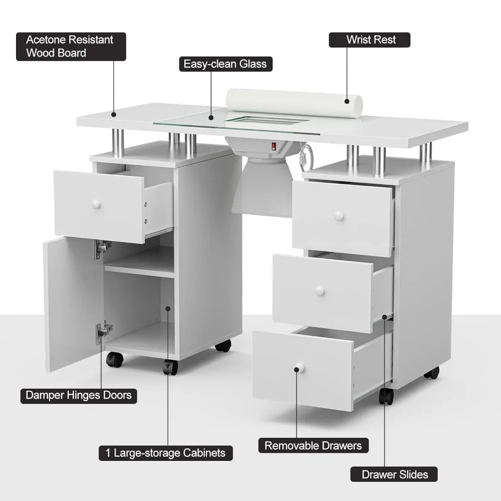 Ensemble de table de manucure, bureau de maquillage des ongles en verre, station de table à ongles sans roulettes, ensemble de chaises pour module à ongles