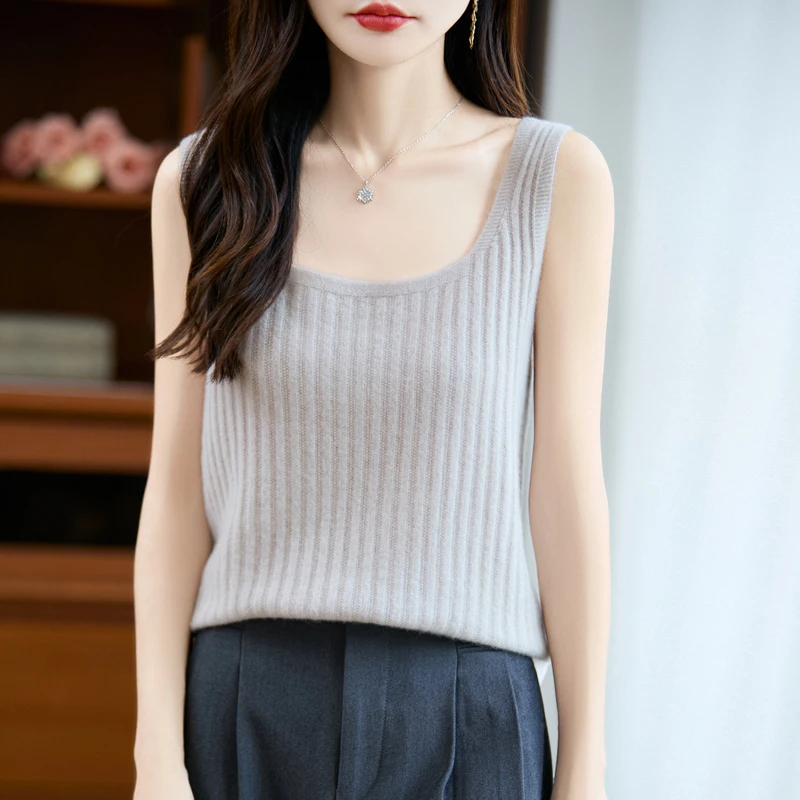 

Новый шикарный базовый свитер без рукавов, осенне-зимний женский пуловер-жилет с квадратным вырезом, 100% мериносовая шерсть, трикотаж, элегантная одежда, топ