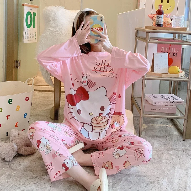 Spring Autumn Kawaii Ins Fashion Shirt Pants Pajamas Cute Cartoon Long Sleeve Trousers Home Wear Clothing Gifts for Girls