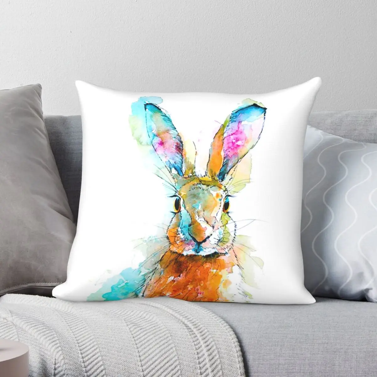 Watercolor Bunny Rabbit Pillowcase Polyester Linen Velvet Creative Zip Decor Throw Pillow Case Car Cushion Case