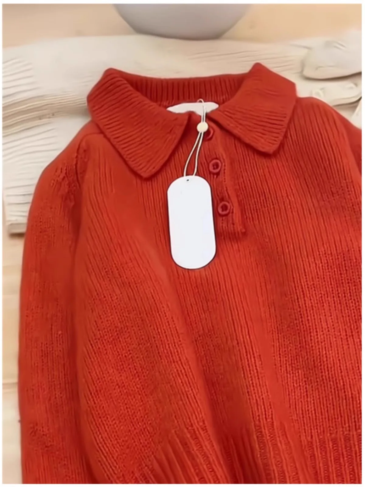 برتقالي أحمر ترتيب الأسرة طوق محبوك سترة المرأة الخريف الشتاء الأكمام البلوز النمط الفرنسي الصلبة تنوعا فضفاض لاعبا #3