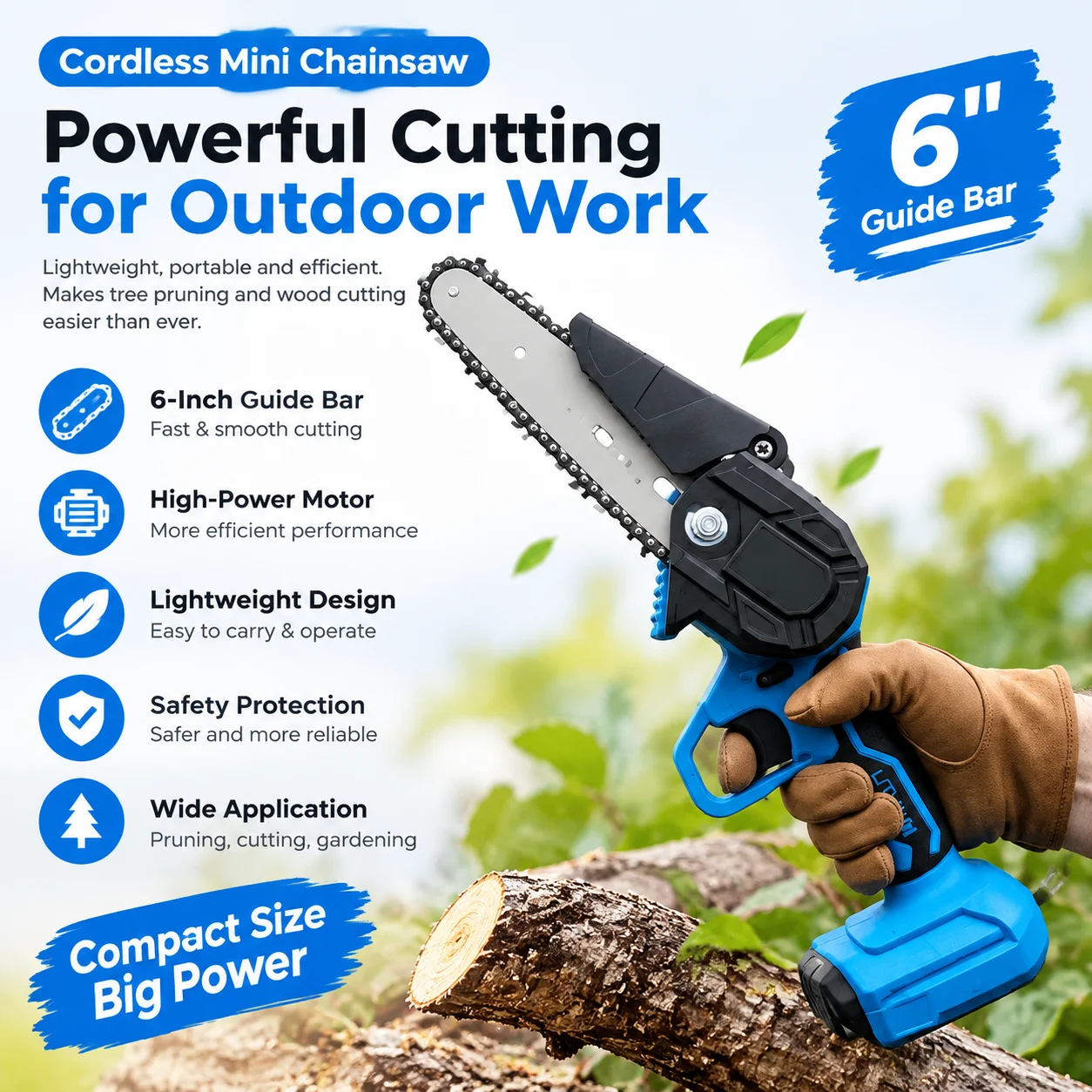 6 Inch Cordless Electric Chainsaw Battery Powered Handheld Tree Logging Wood Cutting Tool for Yard Gardening DIY Home Projects