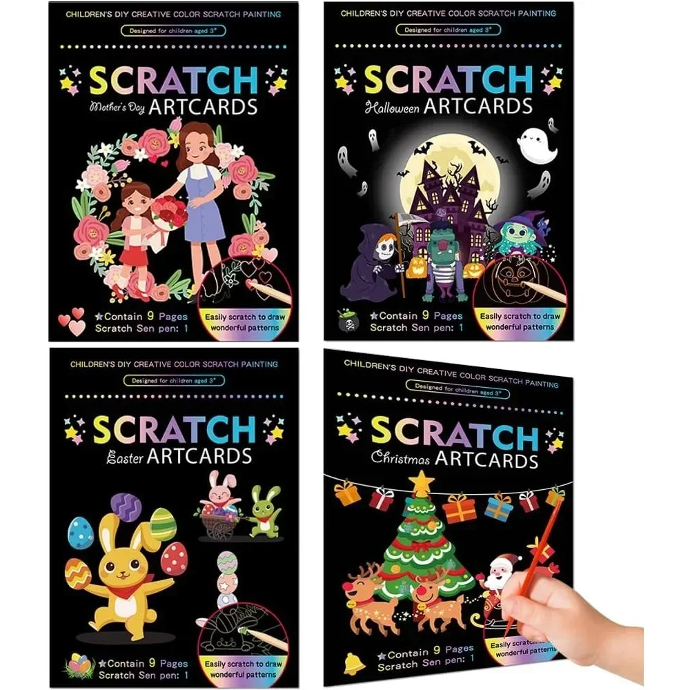 Christmas Cartoon Scratch Off Painting Rainbow Paper Craft DIY Drawing Board Kids Drawing Toys DIY Education Toys for Children