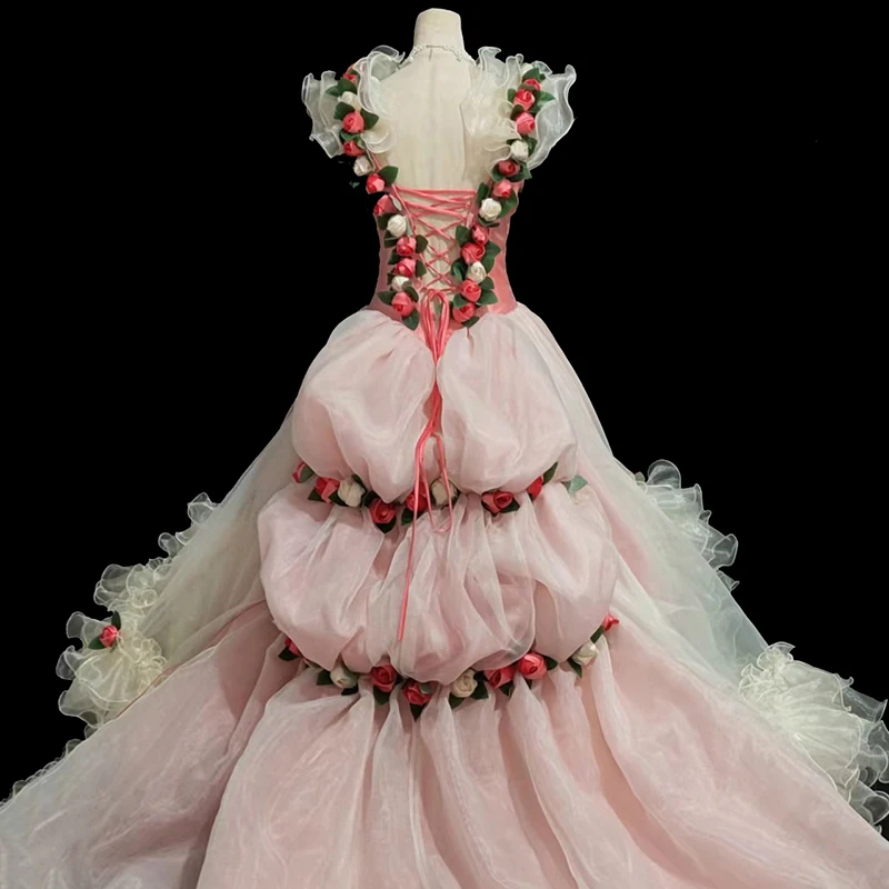 AnXin SH vintage princess pink flower lace boat neck beading rose ruffles Palace lace up ball gown customized wedding dress