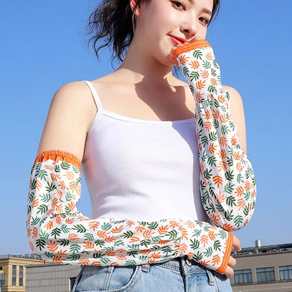 Female Summer Fashion Printed Ice Silk Sun Protection Sleeves Cute Anti-sunburn Breathable Women\'s Arm Sleeves Mittens