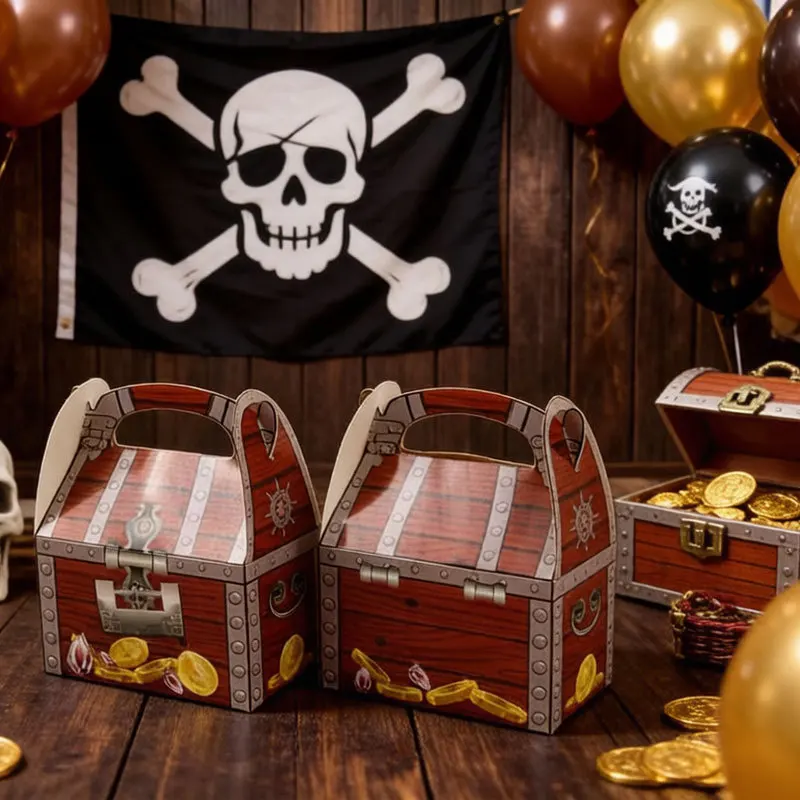 Pirate Treasure Chest Treat Box Paper Cardboard,Decoration Party Favor Goodie Candy Box Grab Bag,Fun Treasure Chest Treat Boxes view 2