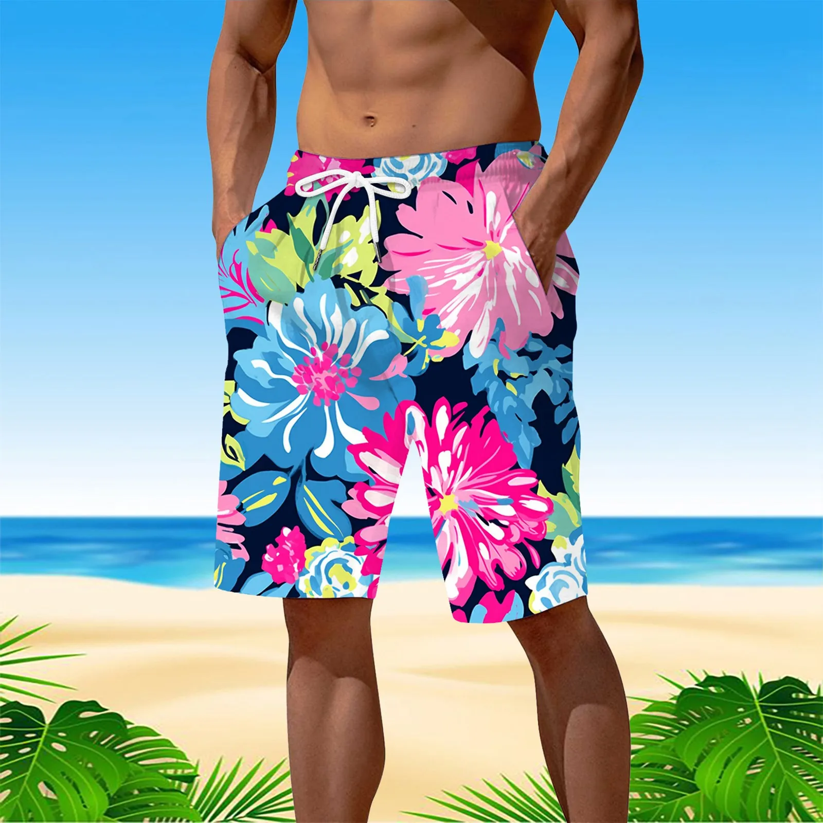 Summer Hawaiian Beach Shorts Quick Drying 3d Printed Palm Motif Swim Trunks Shorts Board Shorts Men Funny Beach Shorts