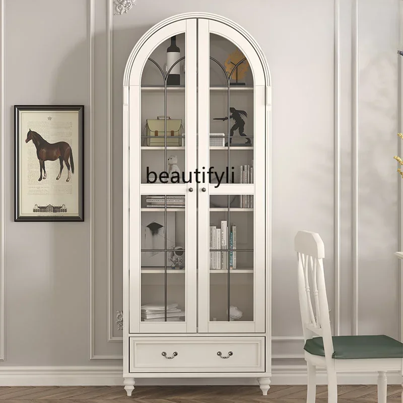 

Solid Wood American-Style Arched Vintage Glass Door with Door Dust-Proof Bookcase Wine Cabinet Storage Cabinet