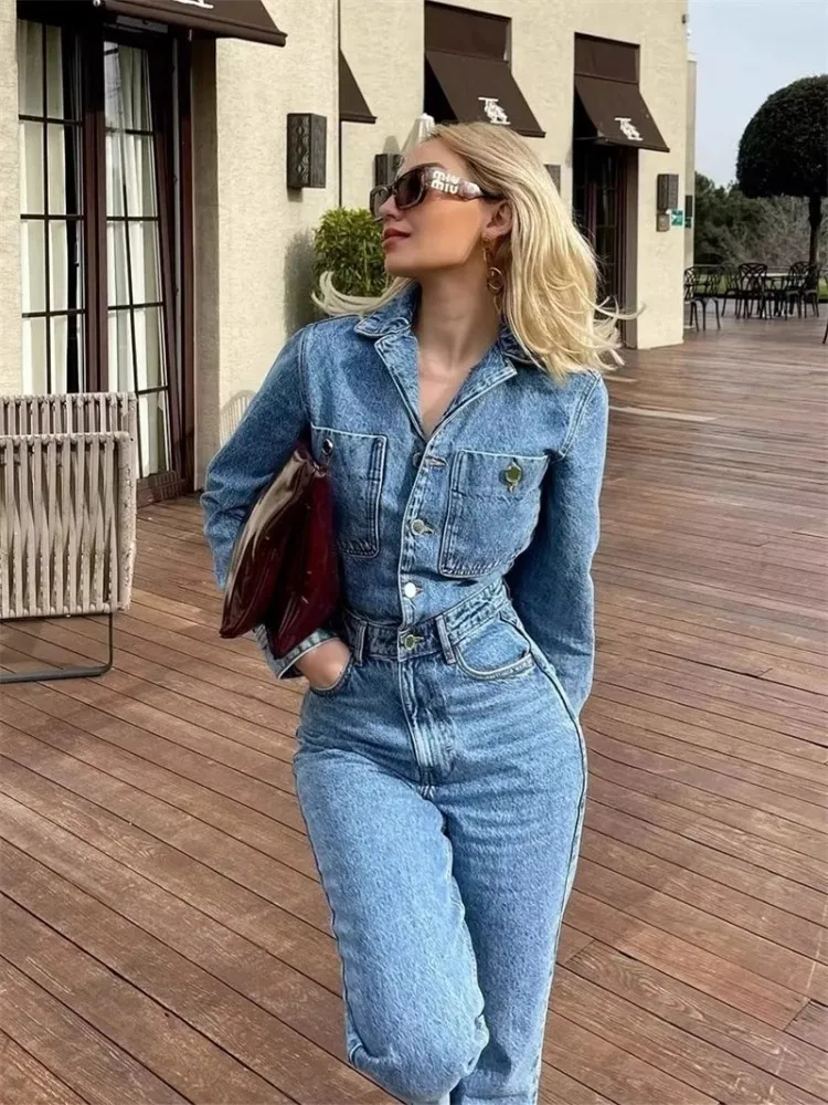 الخريف الأوروبية والأمريكية دعوى طوق جيب سليم مستقيم الساق السراويل الأزرق الدنيم بذلة المرأة الربيع و