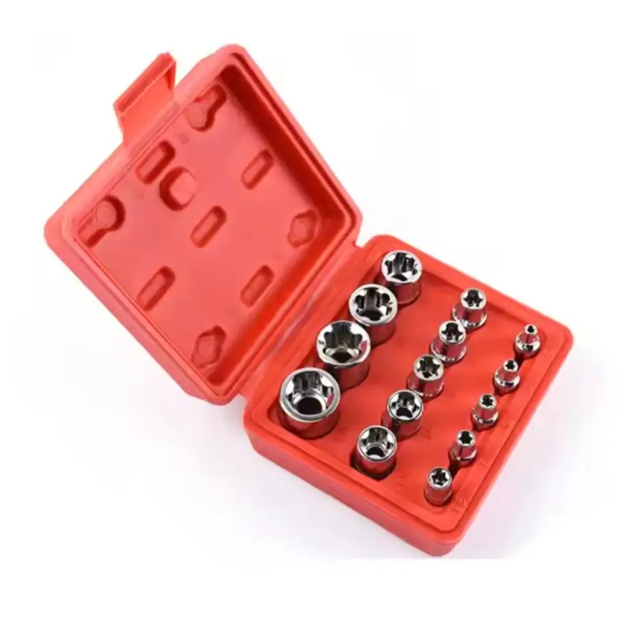 

Комплект Perfactool 14 штук E-типа 6-цветочная розетка голова Torx Star Bit Комбинационный ключ 1/2 3/8 1/4 Автоматический инструмент ремонта автомобилей E4-24MM