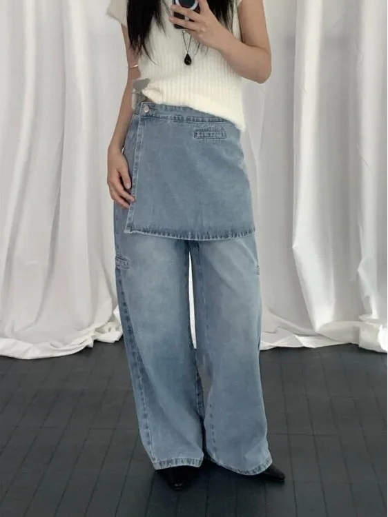 Chic Spring Vintage High Waist Wide Leg Jeans Women's Removable Two-Piece Set Pocket Design Versatile Long Pants Korean Style