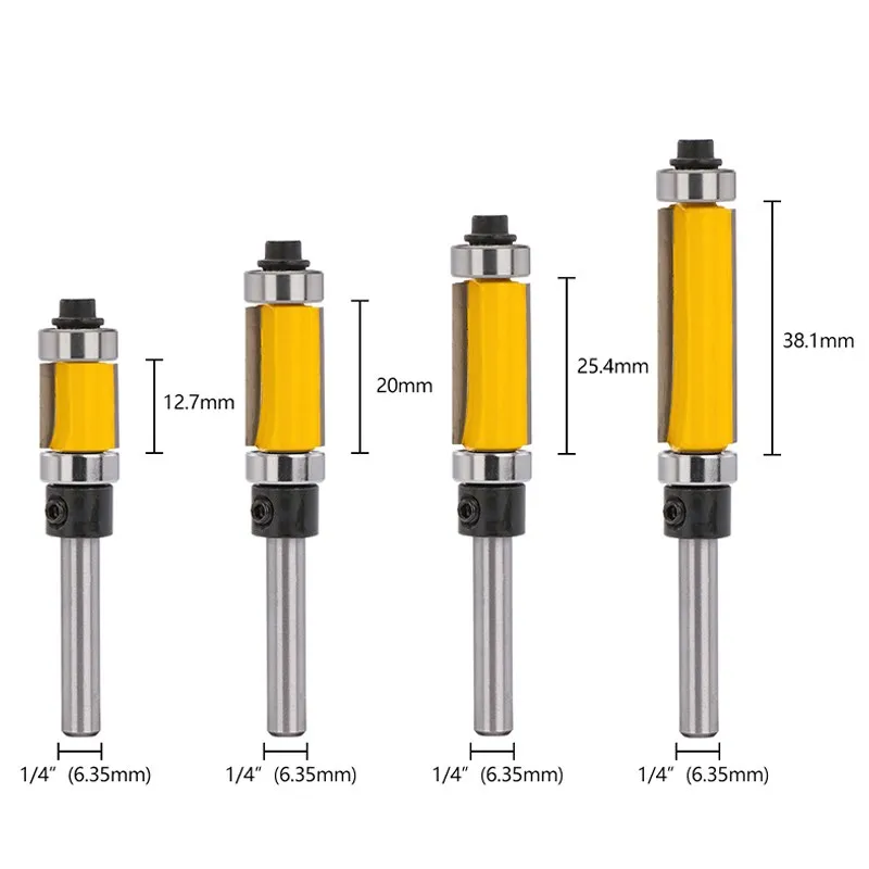 Broca de enrutador recto de vástago de 1/4 pulgadas para herramientas de carpintería, rodamiento superior e inferior, doble rodamiento, cortador de