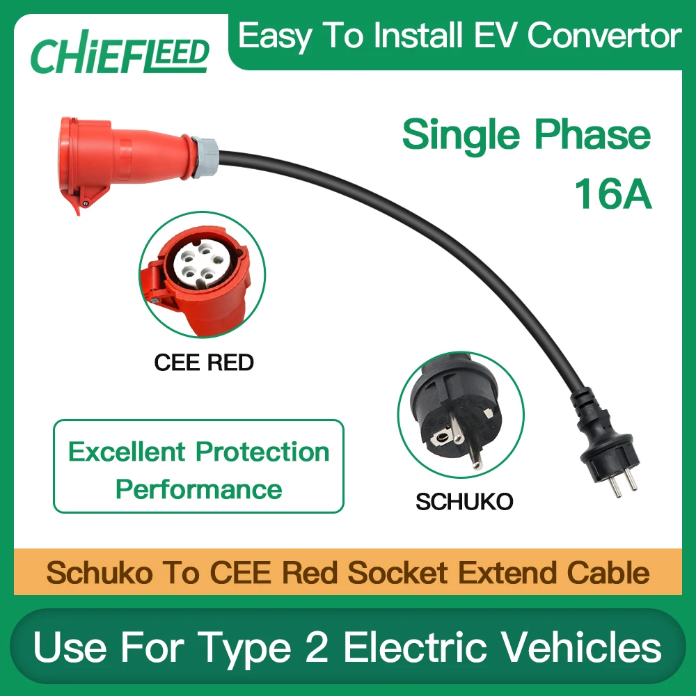 Chiefleed Customizable cable lengths Type 2 16A 3phase 11kw Adaptor CEE Red to Schuko With Cable For Electric Car Charging EVSE