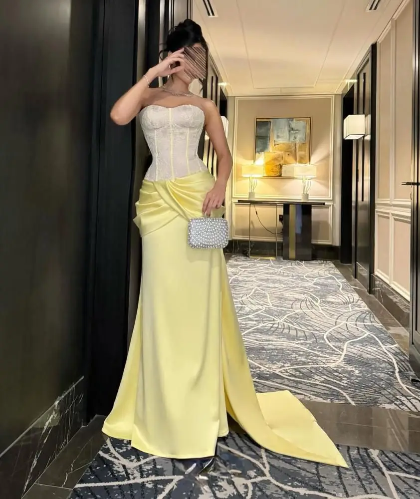 

Customized Elegant Strapless Sweetheart Formal Dress White Lace Corset Bodice Yellow Satin Mermaid Floor-Length Party Prom Gown