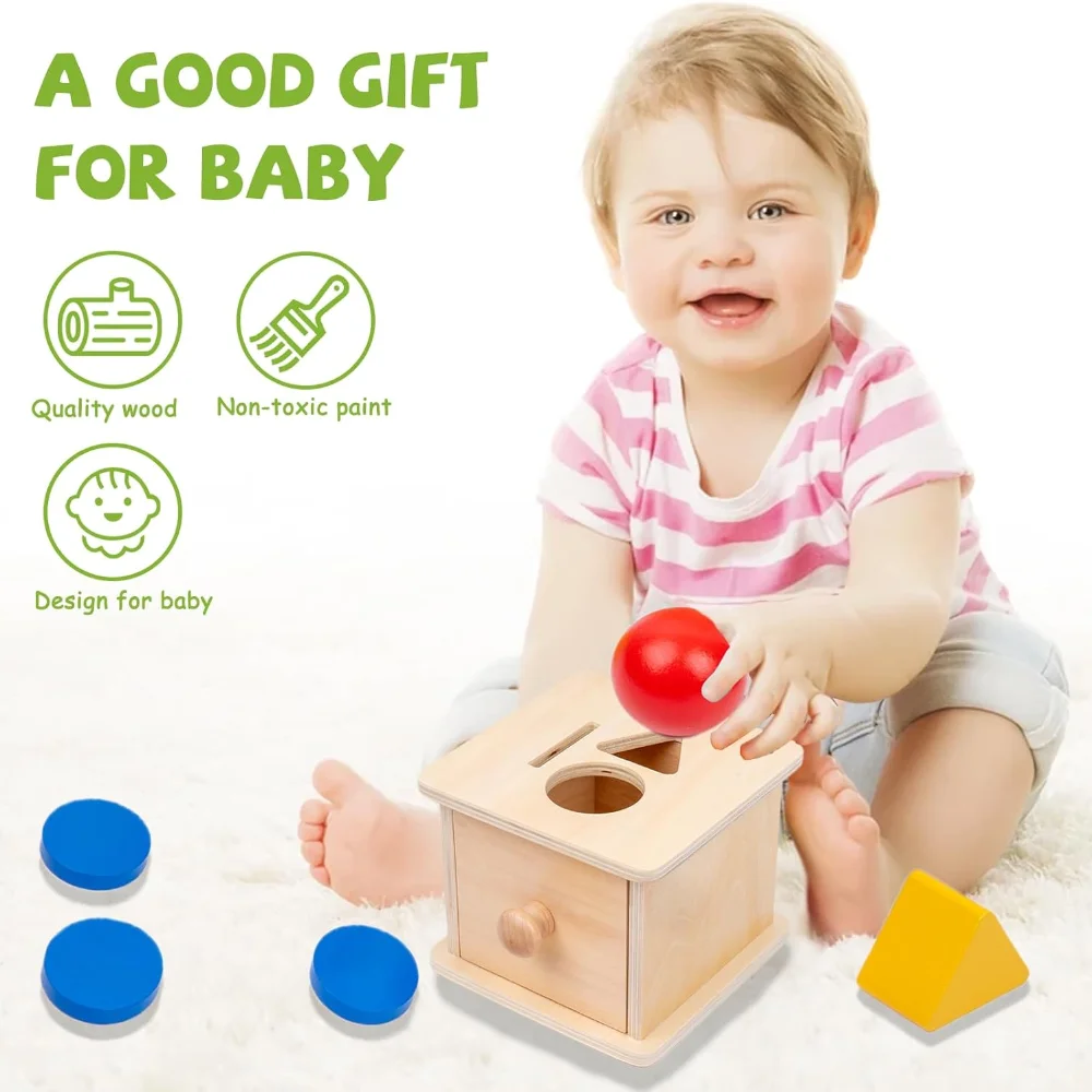 Montessori Educational Toys Wood Coin Box 3 in 1 Permanence Box Shapes Matching Game Infant Toddler Hand- Eye Coordination Train