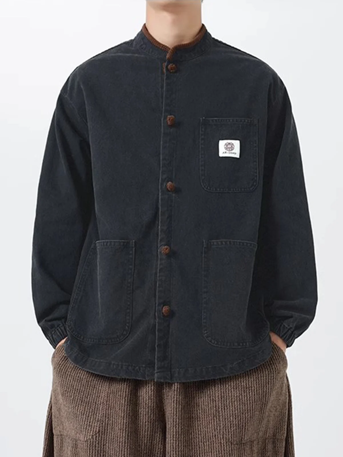 

Retro Waed Workwear Jaet Men's Corduroy Patchwork Stand Collar Tang Suit New Chinese Sle plus Size Haome Outerwear