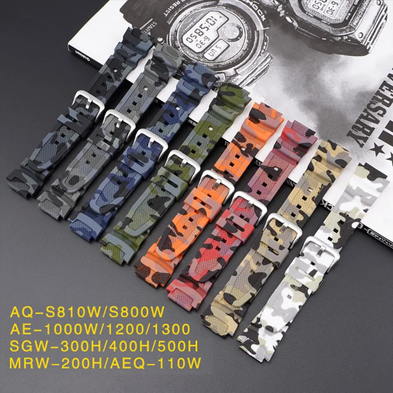 Strap for Casio G-Shock AQ-S810W AE-1000W AE-1200/1300 SGW-300 W-215 F-108 Camouflage Silicone Watch Band Accessories 18mm