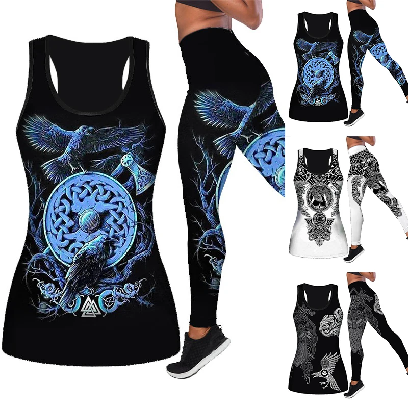 

New Women Fashion Viking Tattoo Legging Yoga Pants And Hollow Tank Womens Sport Vest Suits Leisure Suit XS-8XL