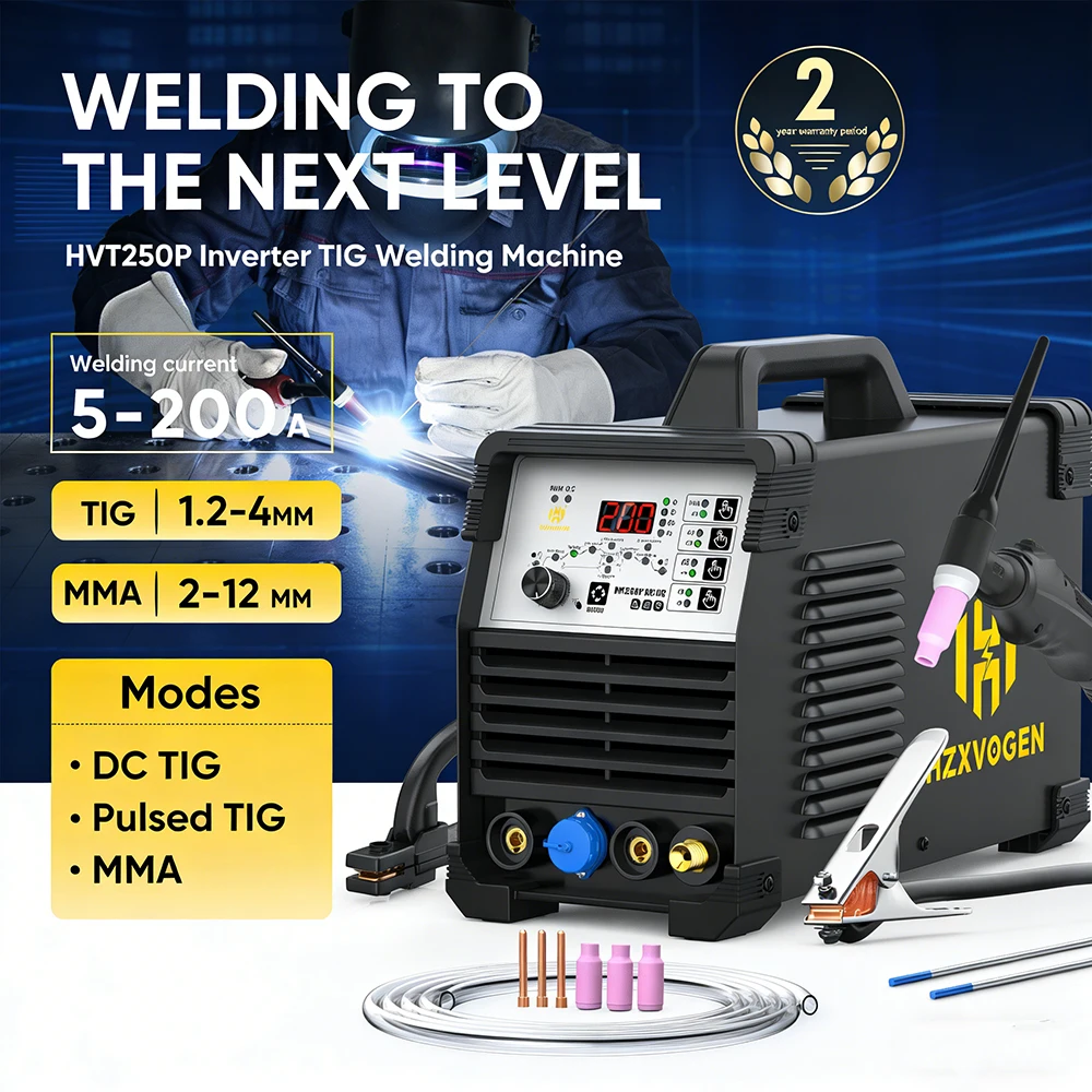 HZXVOGEN 200A HVT250P Soudeuse TIG à impulsions AC/DC 220V Démarrage HF Inverseur IGBT Machine à souder aluminium/acier inoxydable Double puce IGBT 2T/4T Équipement de soudage MMA ARC