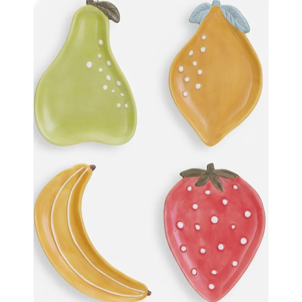 

Colorful Stoneware Fruit Plate Set of 4, Unique Designs for Farmhouse Dining & Party Serving