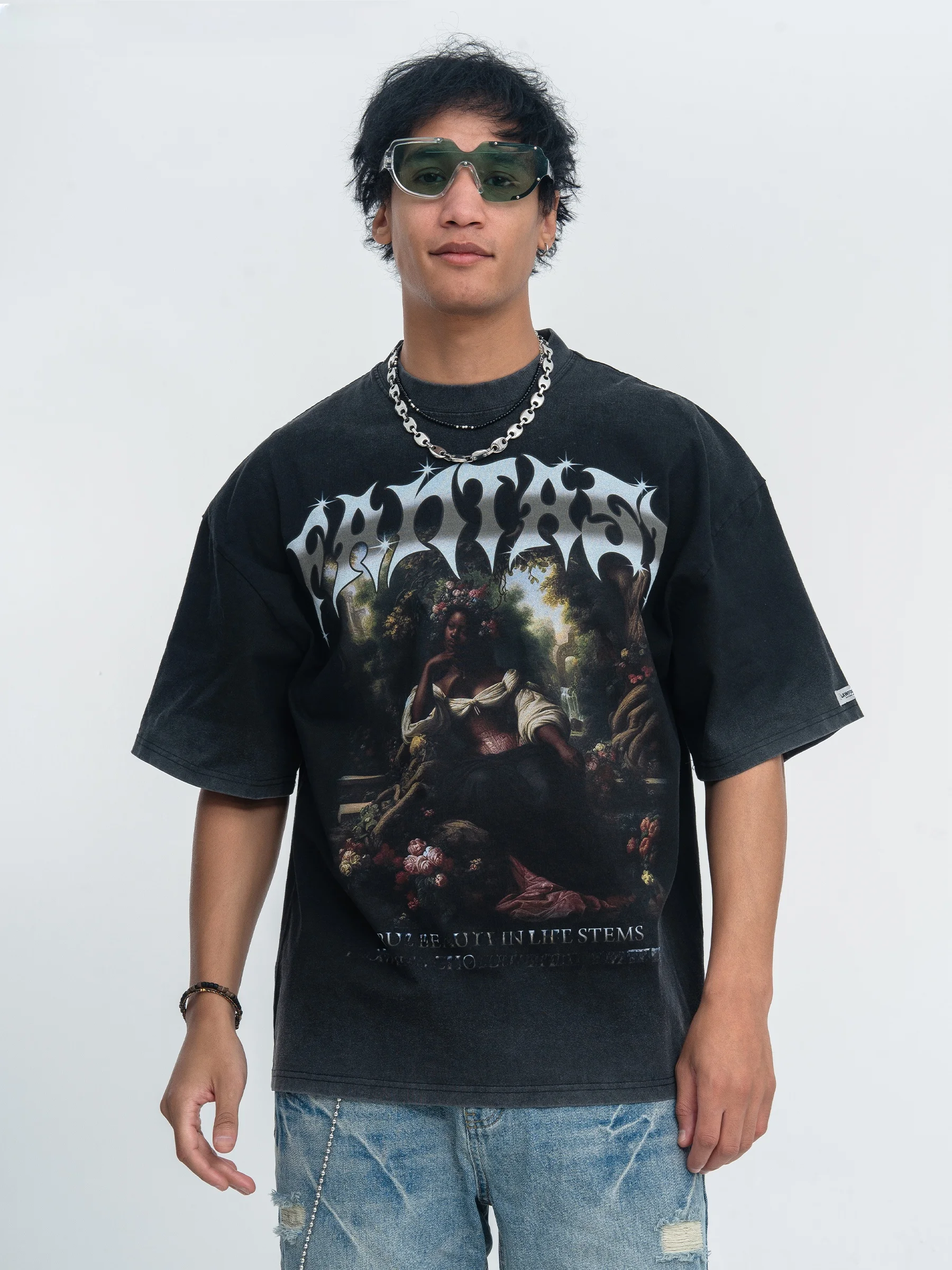 

Washed Vintage American Trendy Brand Snowflake Salt Peppered Sleeve T-Shirt Half Sleeve Shoulder Drop Small Collar Cotton Tee