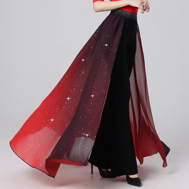 Pantaloni svasati a vita alta sfumati Pantaloni per pratica di danza moderna Pantaloni per performance sul palco a gamba larga per abbigliamento da ballo artistico da donna