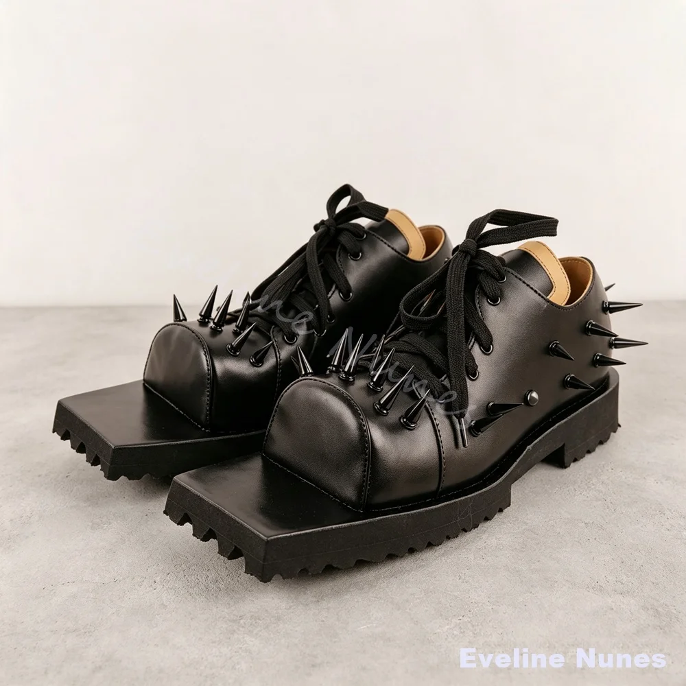 Gothic Punk Spiked Square Toe Oxford Shoes Men Black Rivet Studded Serrated Thick Sole Low‑Top Shoes Party Club Cosplay Shoes