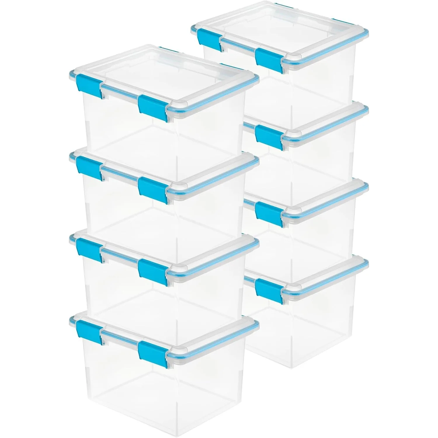Gasket Storage Box with Lids for Home & Office, 32 Quart, 8-Pack | Heavy-Duty, Stackable, and Organizing Containers for Bathroom, Cabinet, Closet, and Garage, Clear and Blue Aquarium Latches