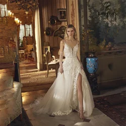 Charming A Line High Split Lace Applique Wedding Dress Spaghetti Strap V-Neck Backless Bridal Gown 2024 Vestidos De Novia