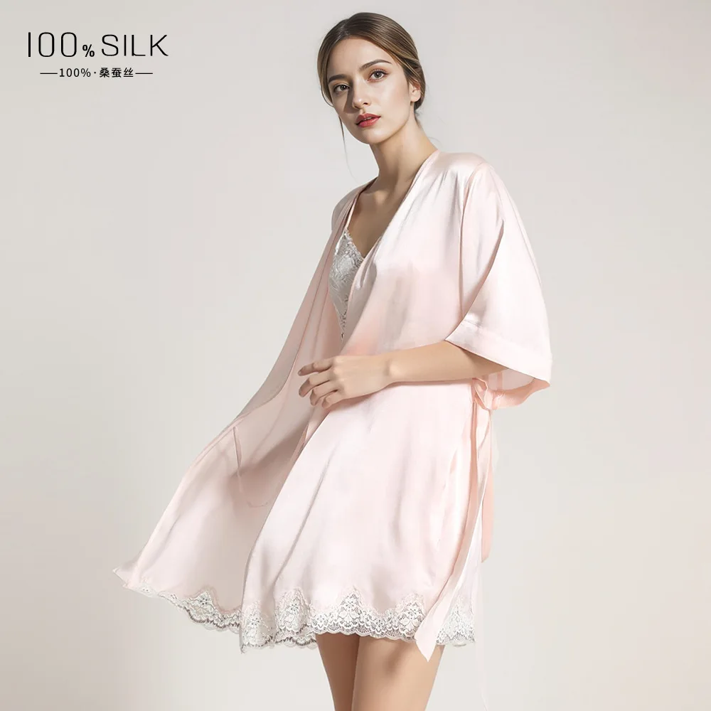 Summer Short Sleeve 100% Mulberry Silk Robes for Ladies Nightgown V Neck Pink Pure Silk Robe Women's Sexy Nightwear Lace Kimono