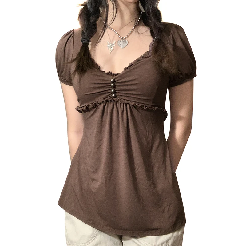 Women s Summer Elegant T-shirt Short Sleeves V-Neck Ruffled Bead Decoration A-Line Tops