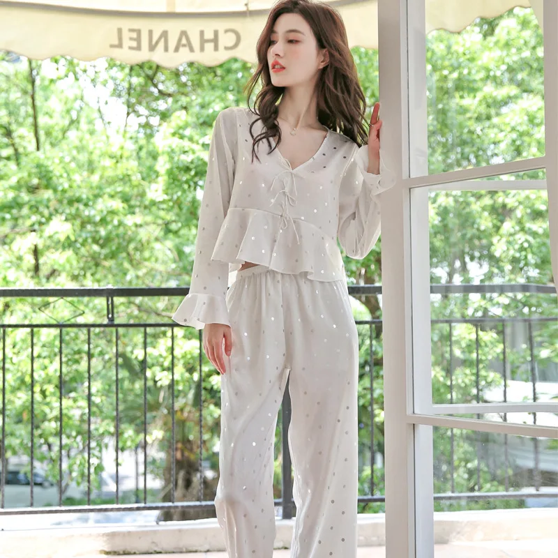 Satin Women\'s Print Pajamas Set Long Sleeve Spring Autumn Ladies Sleepwear Luxury Silk 2 Pieces With Pant Pijama Female 2024