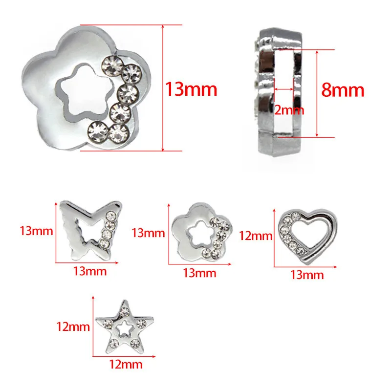 10PC/lot 8MM half rhinestones heart star flower butterfly Slide Charm For 8mm DIY Bracelet Wristband Jewelrys Making