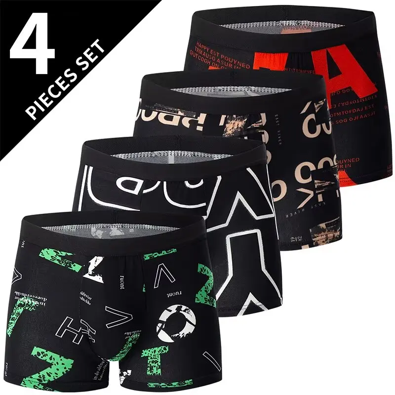 4-teiliges Set Herren-Unterwäsche in Europäischen und Amerikanischen Größen, Bedruckte Modische Unterhosen, Komfortable Übergrößen-Boxershorts, Lässige Sportshorts