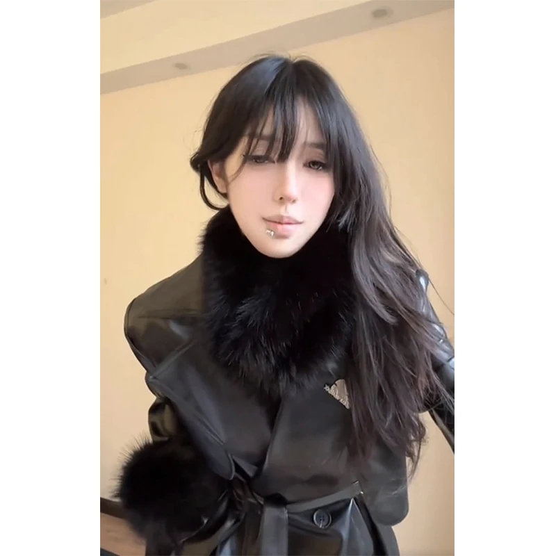 ヴィンテージ Pu レザージャケット女性フェイクファーパッチワーク黒コート冬原宿ストリートベルト付き長袖アウターウェア新しい