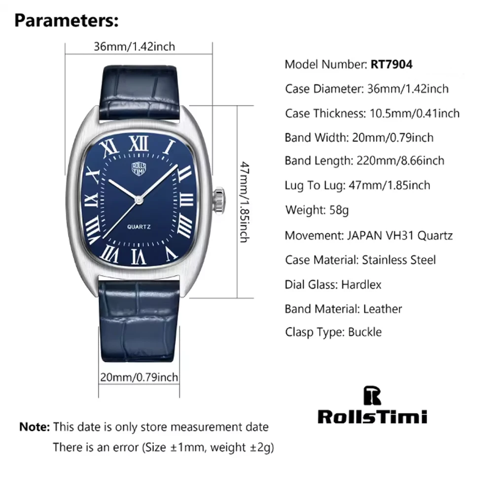 Men's Watch Rollstimi 2024 Luxury Quartz Men's Watch Japan VH31 Movement Leather Strap 50 Meters Waterproof Stainless Steel Case