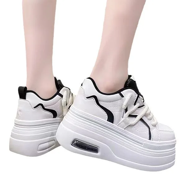 10CM invisible height increasing white shoes for women 2025 new thick soled sponge cake wedge heel breathable board shoes
