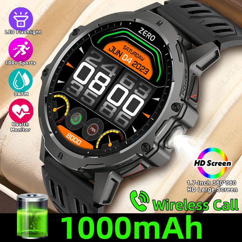 

LIGE 1000mAh Large Capacity Battery Smartwatch Men Outdoor Flashlight Bluetooth Call 3ATM Waterproof Sport Fitness Watches New