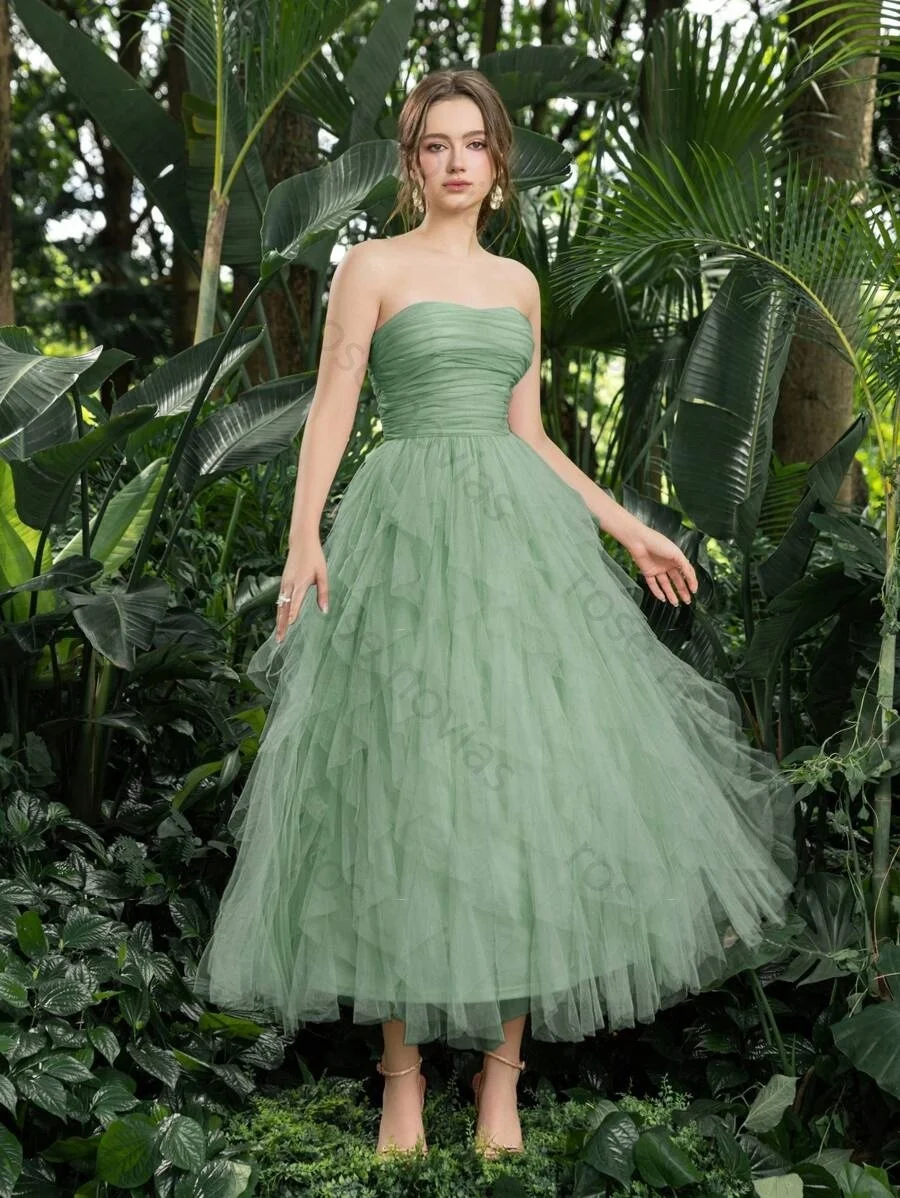 Wysokiej jakości elegancka zielona suknia wieczorowa z tiulu do kolan, bez ramiączek, bez rękawów, na studniówkę, sznurowana, suknia na przyjęcie, szyta na miarę.