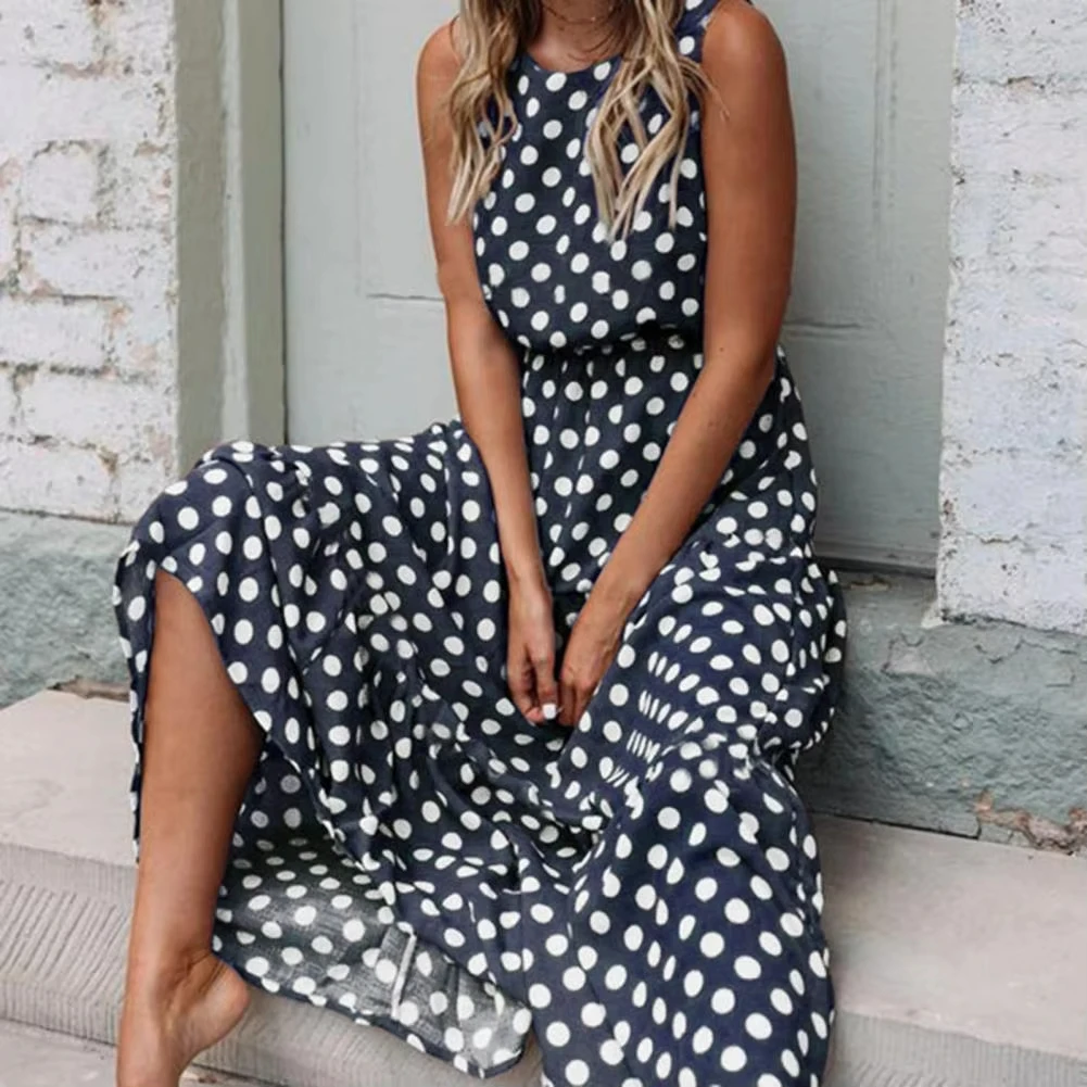 

Women Summer Polka Dot Boho Sundress Beach Maxi Long Dresses Sexy Elegant Sleeveless Belts Evening Party Dress Vestido De Mujer