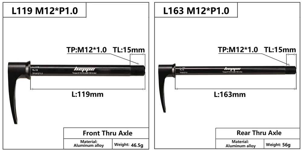 HEPPE MTB Road Bike Thru Axle Front Fork Shaft Skewers 12x100 12x110 Rear Thru Axle 12x142 12x148 Quick Release M12xP1.0/P1.75