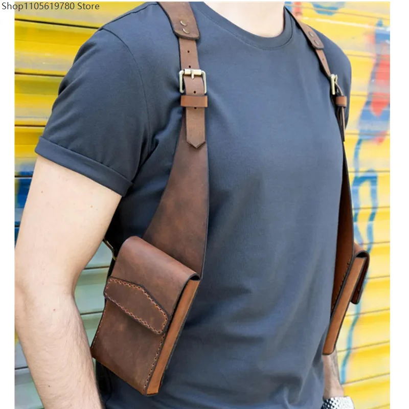 Medieval Brown Faux‑Leather Underarm Shoulder Holster Bag Adjustable Harness Multi‑Slot Wallet Pouch Prop Halloween Cosplay