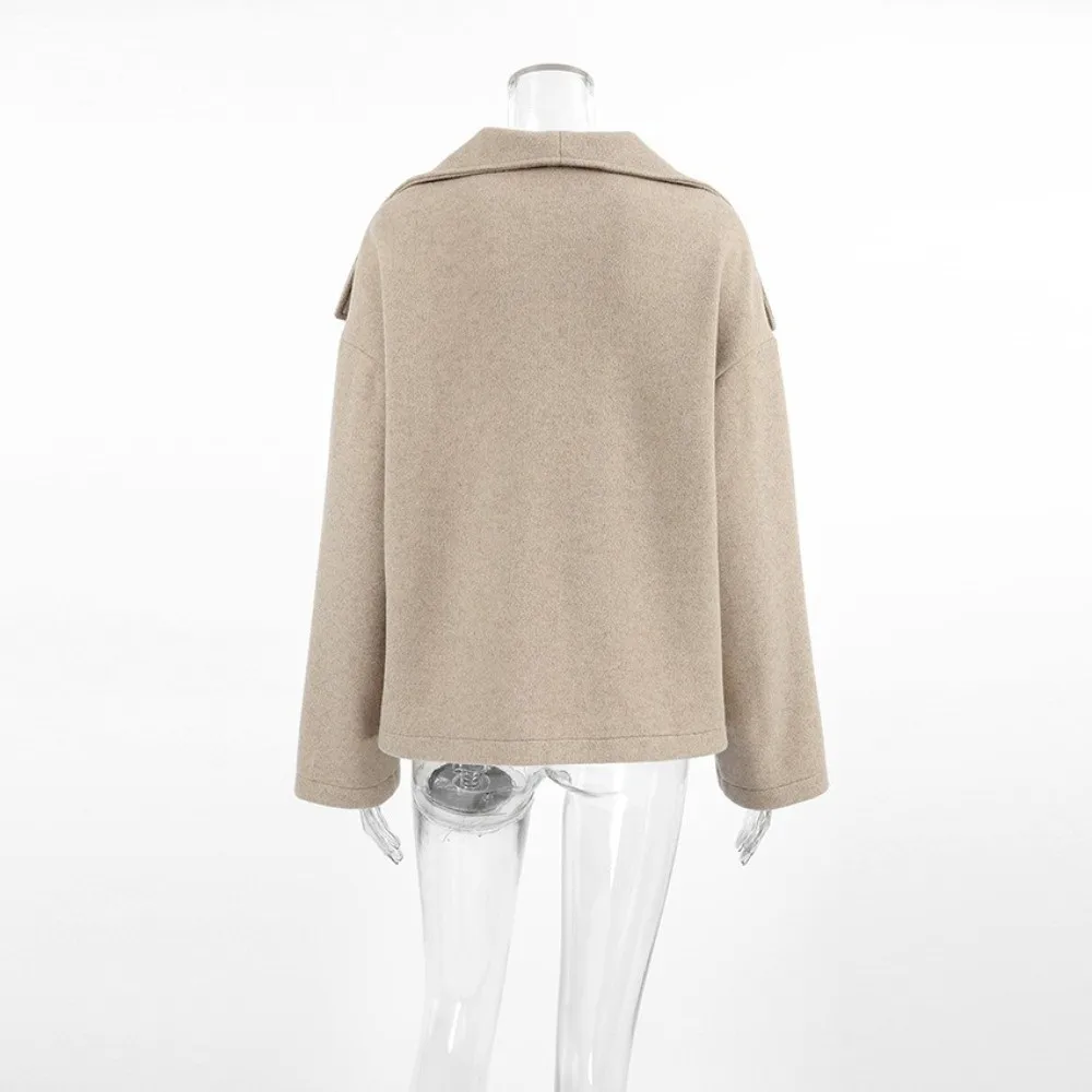 Wide Lapel Women Wool Short Coat Double Breasted Cropped Length Ladies Woolen Jacket Loose Fit Heather Beige Wool Outerwear