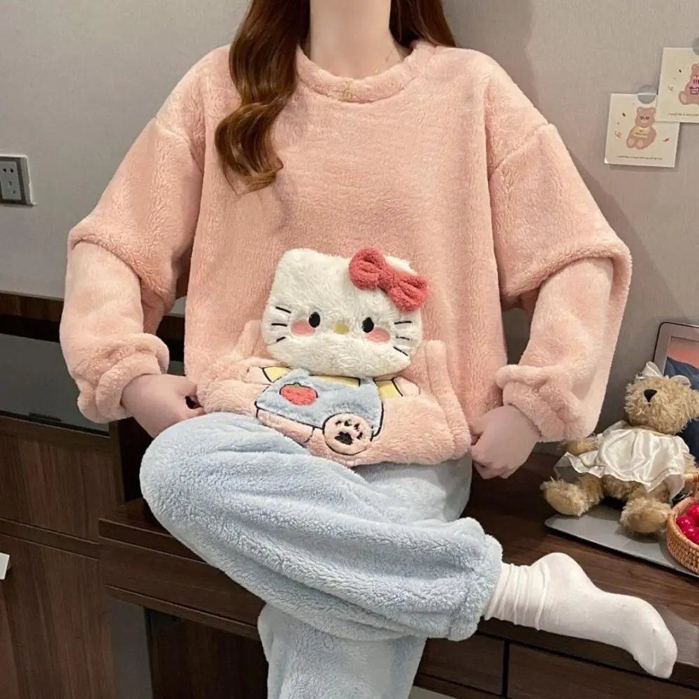 

Sanrio милый Hello Kitty женский зимний пижамный костюм из кораллового флиса, женская плюшевая домашняя одежда с героями мультфильмов, топы для девочек, брюки, одежда для отдыха
