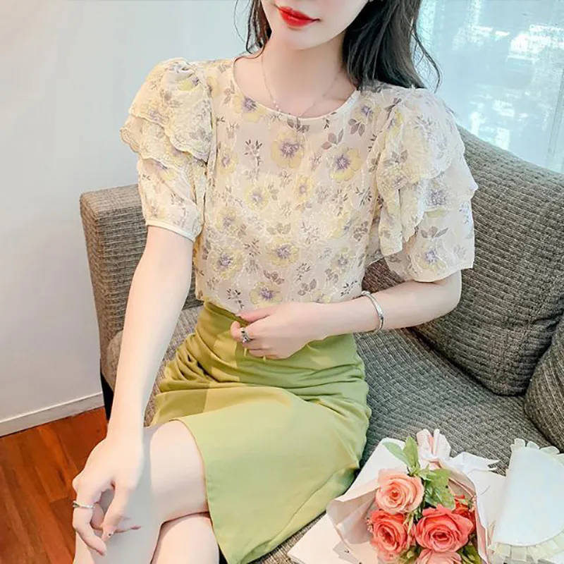 

Sweet O-Neck Printed Embroidery Puff Sleeve Blouses Female Clothing 2025 Summer New Loose Korean Tops All-match Shirts
