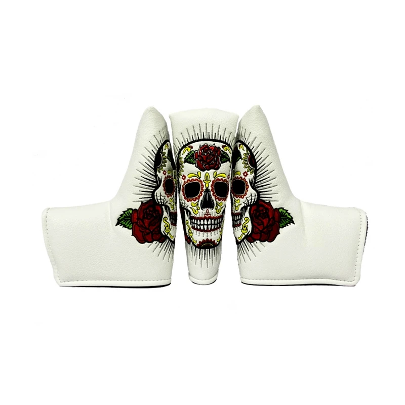 

High-quality Leather Golf Putter CoveL-shapedr Embroidered Rose Skull Four-way Putter Cover Magnet Golf Head Cap