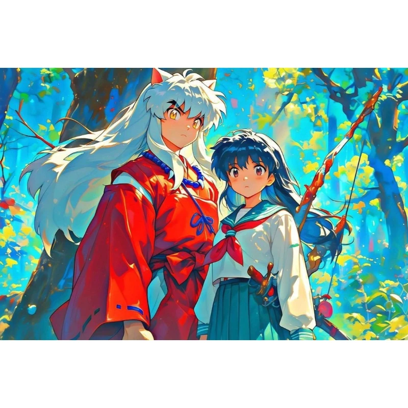 Vibrant Forest Anime Couple Jigsaw Puzzle, Silver Hair Warrior With Red Outfit And Bow Maiden Handcraft Decor For Indoor Display