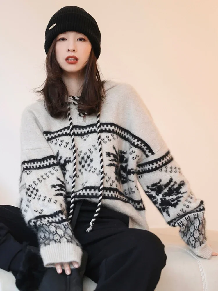 Hooded Sweaters Women Pattern Colorful Bright Christmas Advanced Slouchy Streetwear All-match Leisure Autumn Popular Particular