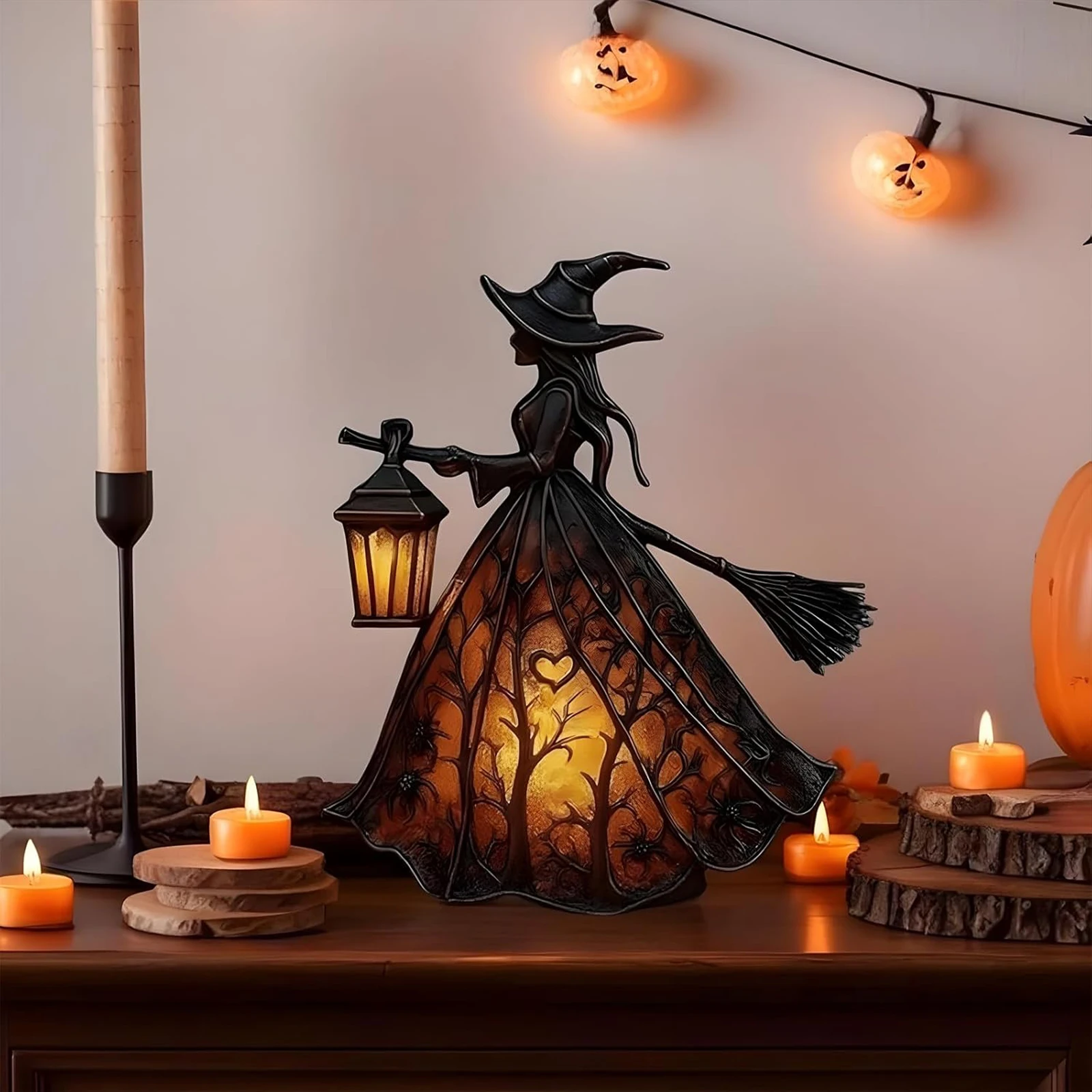 Resin Halloween Witch LED Lights Battery/USB Charging Gothic Wizard Night Light Multi-Purpose Halloween & Year-Round Home Decor