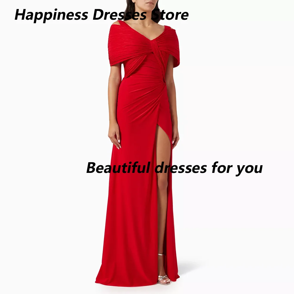 

Simple Prom Dress Red Off The Shoulder Prom Gowns Pleated V-Neck Thigh Slit Floor Length Women's Formal Party Dress Customized